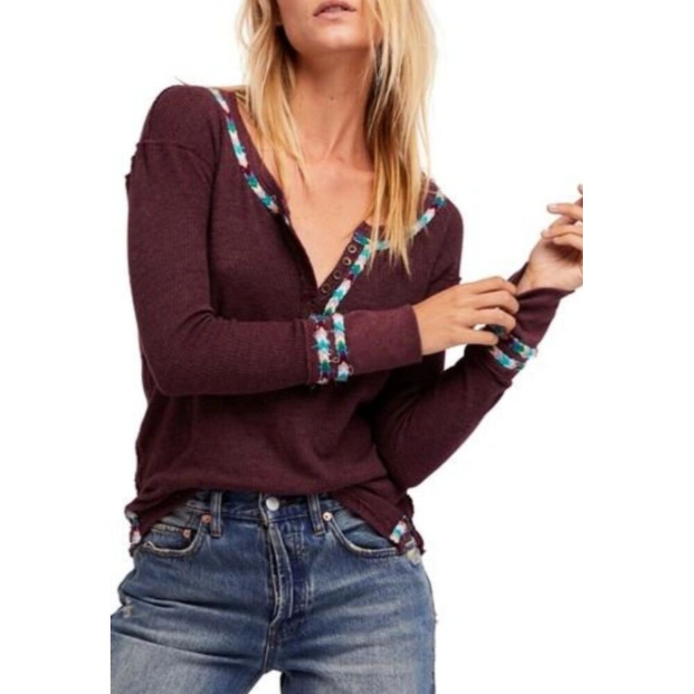 FREE PEOPLE We The Free Women’s Rainbow Thermal Long Sleeve Tee In Wine size XS